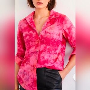 ​Pilcro Anthropologie Pink Space Tie Dye Embroidered Button Up Blouse Boho XS